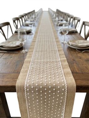 Long Burlap Table Runner White Lace Polka Dots 144” Farmhouse Entertaining